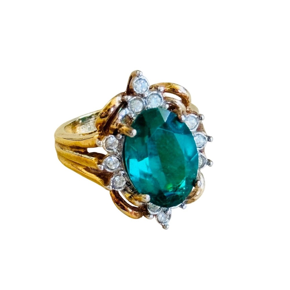 14KT HGE LIND Cocktail Ring Green Oval Stone Sz7 Heavy Gold Electroplate VTG